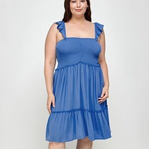 Blue Midi Dress with Ruffle Straps